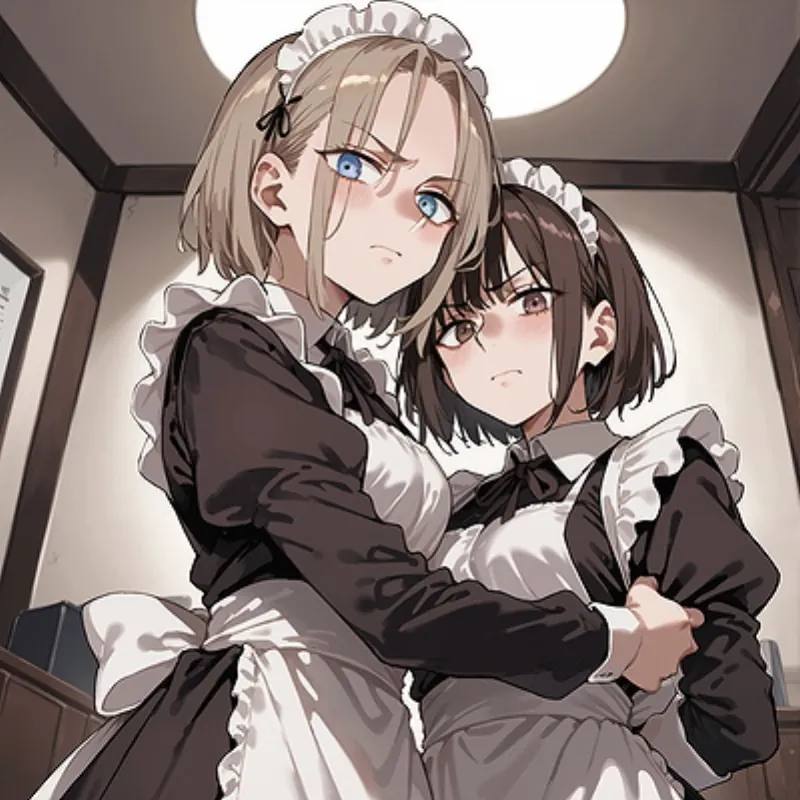 Sayaka and Kiriko skeptical maids AI duo on SpicyChat